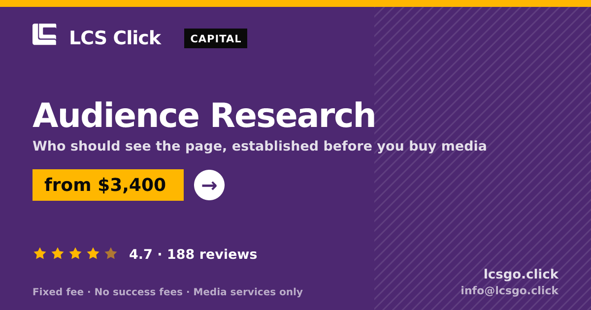 Audience Research — from $3,400, rated 4.7/5 across 188 reviews. LCS Click.