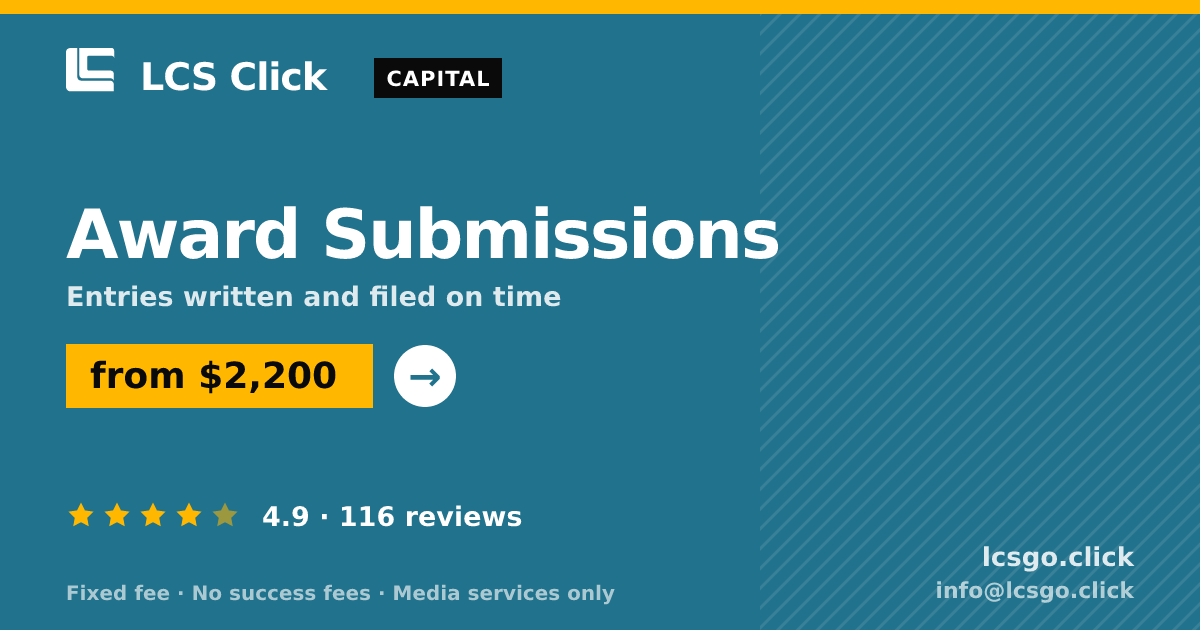 Award Submissions — from $2,200, rated 4.9/5 across 116 reviews. LCS Click.