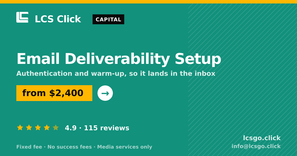 Email Deliverability Setup — from $2,400, rated 4.9/5 across 115 reviews. LCS Click.