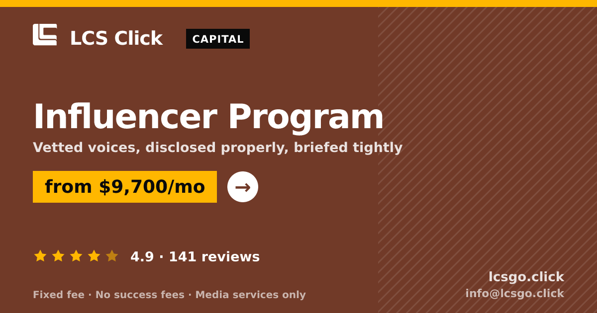 Influencer Program — from $9,700/mo, rated 4.9/5 across 141 reviews. LCS Click.