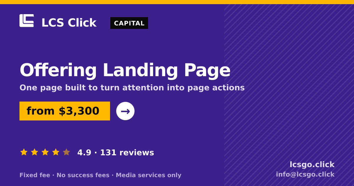 Offering Landing Page — from $3,300, rated 4.9/5 across 131 reviews. LCS Click.