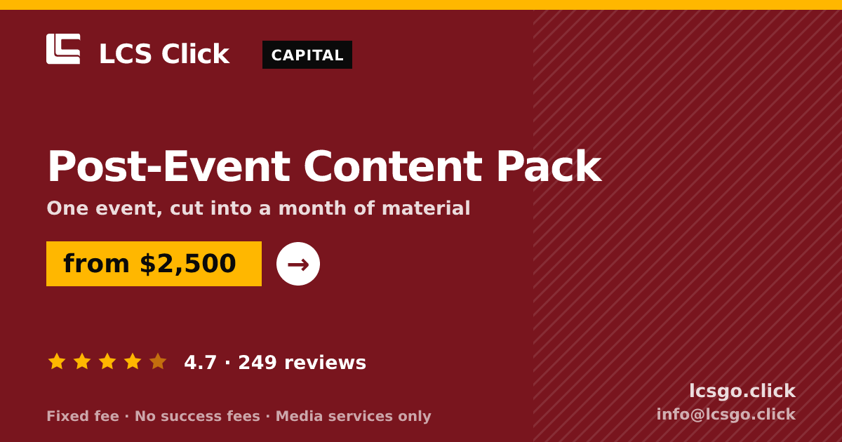 Post-Event Content Pack — from $2,500, rated 4.7/5 across 249 reviews. LCS Click.