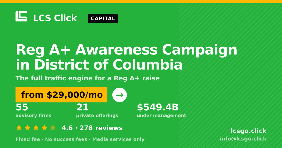 Reg A+ Awareness Campaign in District of Columbia — from $29,000/mo, rated 4.6/5 across 278 reviews. LCS Click.