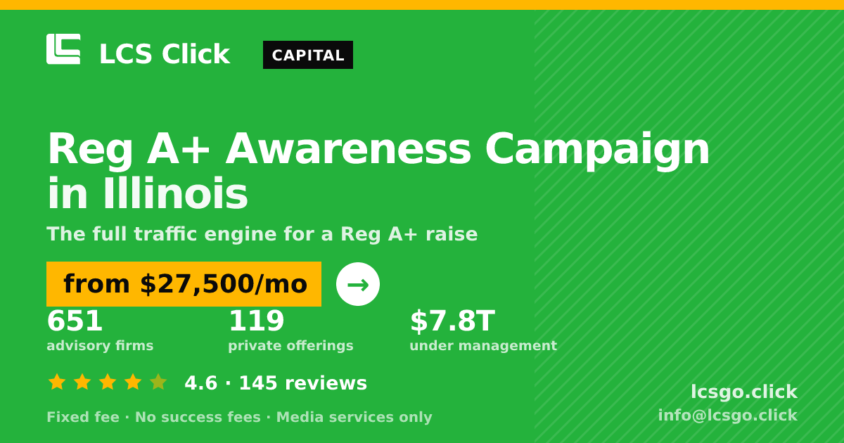 Reg A+ Awareness Campaign in Illinois — from $27,500/mo, rated 4.6/5 across 145 reviews. LCS Click.