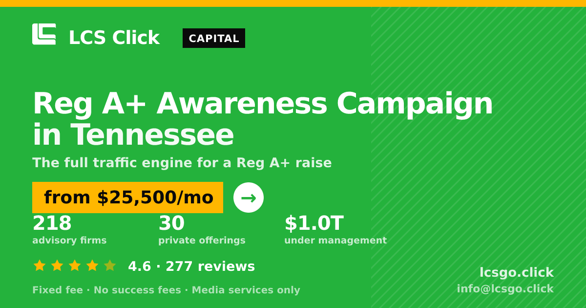 Reg A+ Awareness Campaign in Tennessee — from $25,500/mo, rated 4.6/5 across 277 reviews. LCS Click.