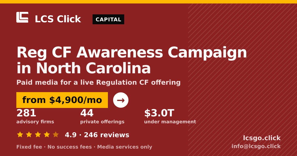 Reg CF Awareness Campaign in North Carolina — from $4,900/mo, rated 4.9/5 across 246 reviews. LCS Click.