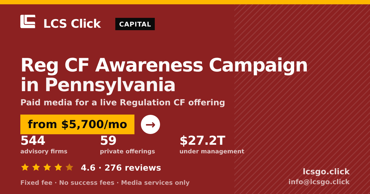 Reg CF Awareness Campaign in Pennsylvania — from $5,700/mo, rated 4.6/5 across 276 reviews. LCS Click.