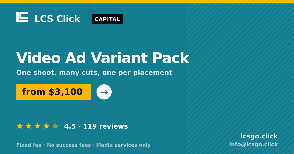 Video Ad Variant Pack — from $3,100, rated 4.5/5 across 119 reviews. LCS Click.