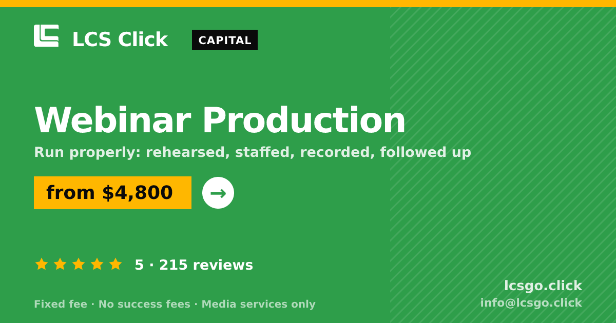 Webinar Production — from $4,800, rated 5/5 across 215 reviews. LCS Click.