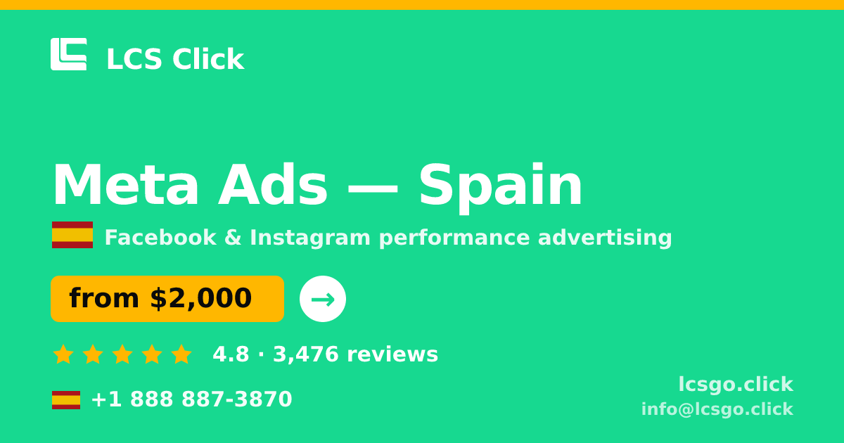 Meta Ads in Spain — from $2,000/mo, rated 4.8/5 by 3476 clients. LCS Click.