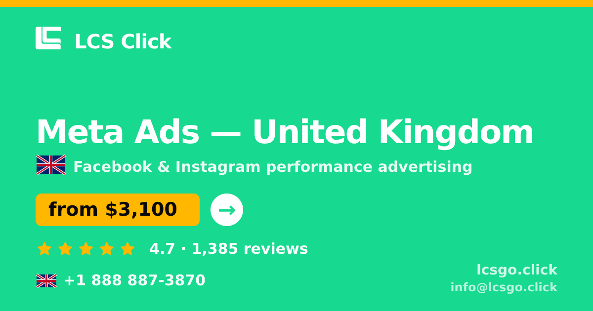 Meta Ads in United Kingdom — from $3,100/mo, rated 4.7/5 by 1385 clients. LCS Click.