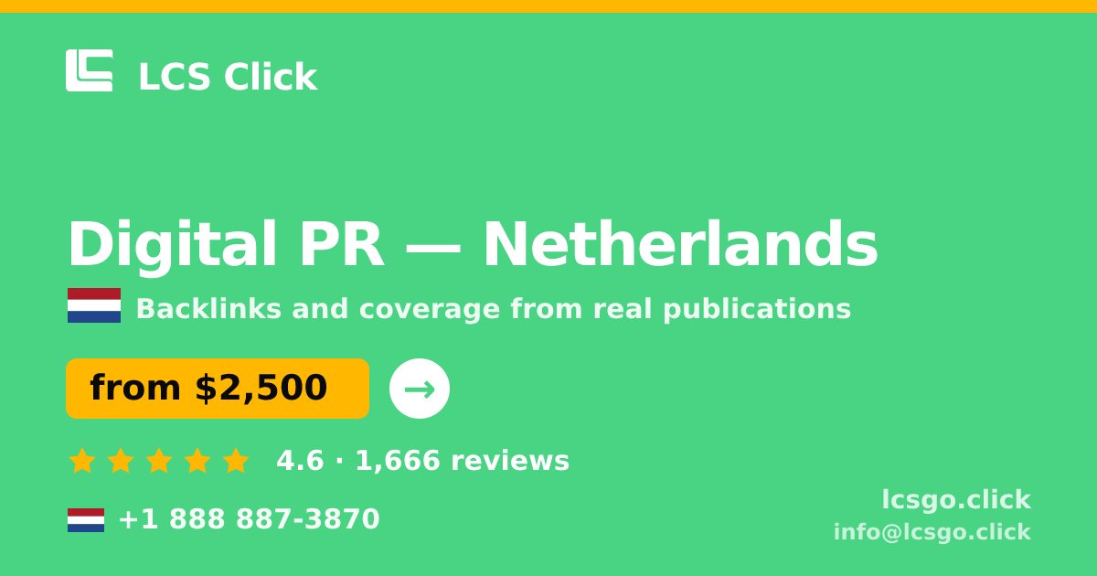 Digital PR in The Hague — from $3,600/mo, rated 4.8/5 by 805 clients. LCS Click.